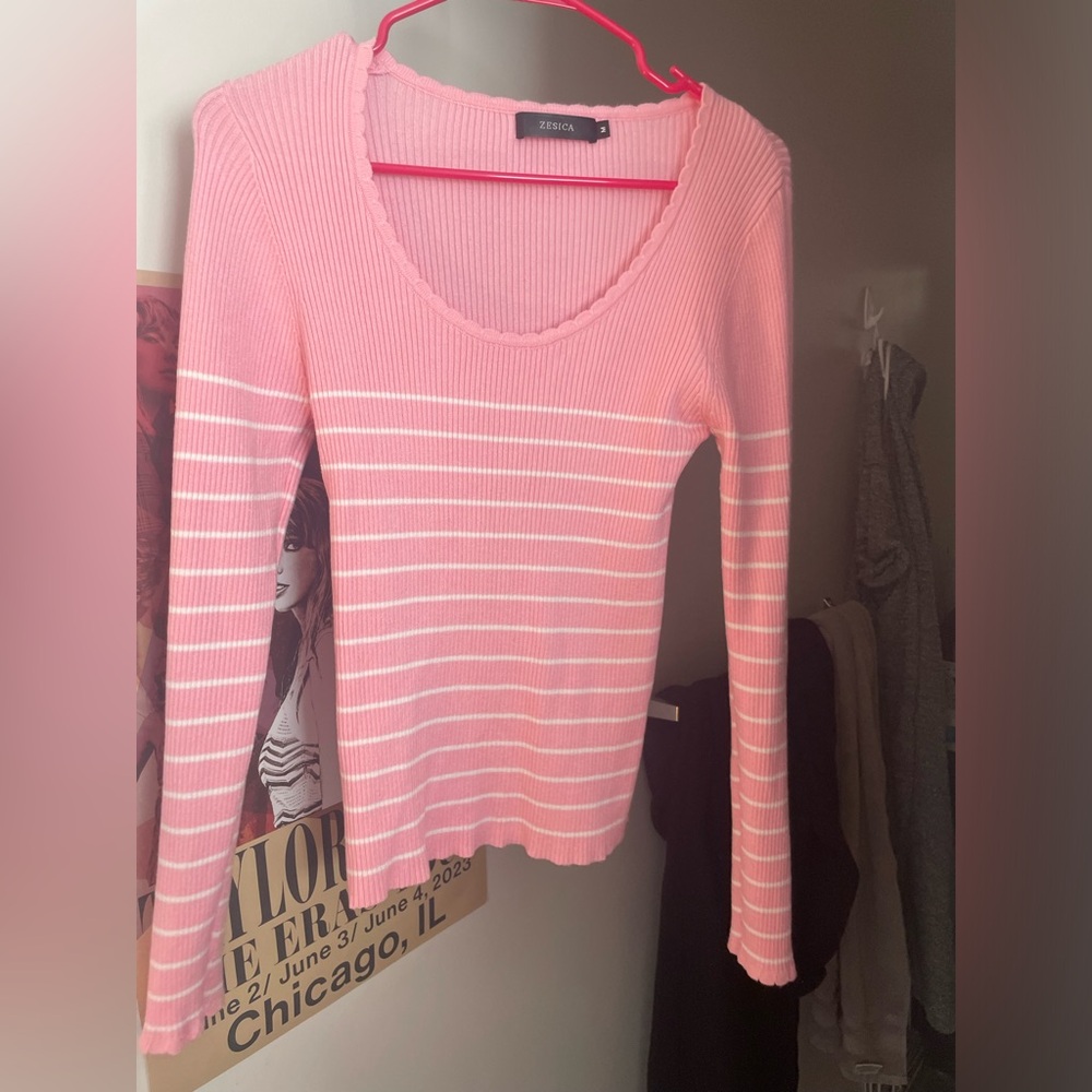 Ribbed Pink and White Striped Long Sleeve